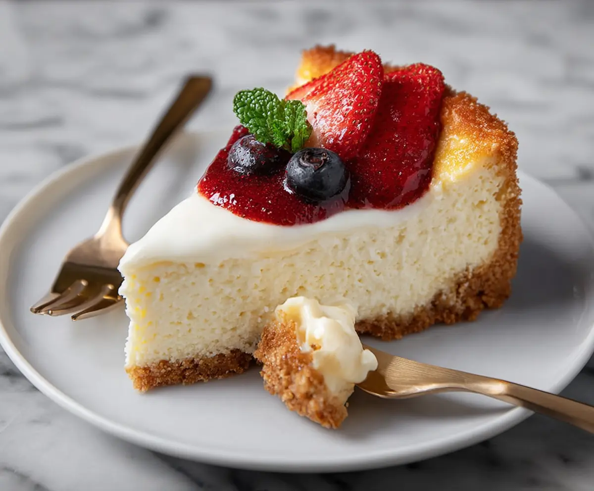 Creamy cottage cheese cheesecake garnished with fresh fruit for a delicious dessert.