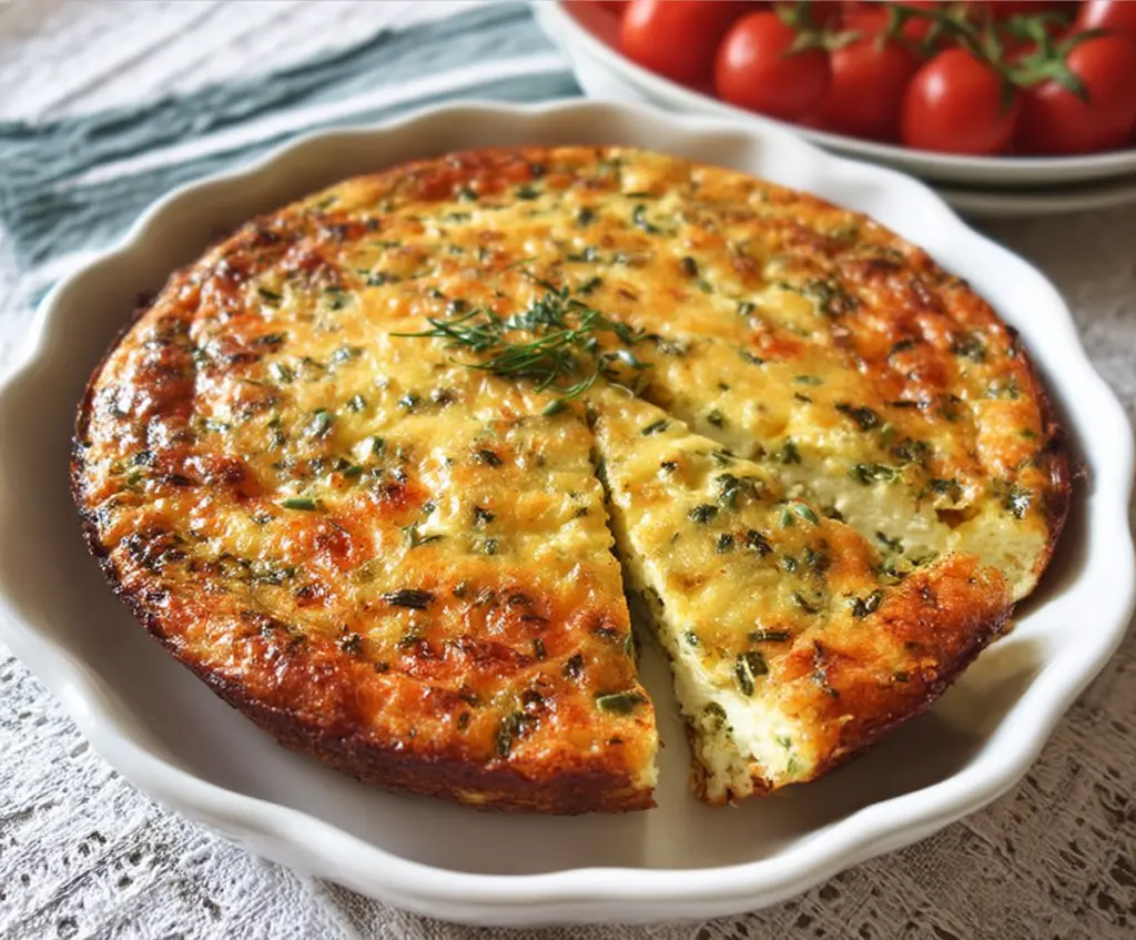 Delicious Cottage Cheese Crustless Quiche with fresh vegetables and herbs on a plate.