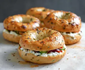 Close-up of cottage cheese and fresh veggie bagels topped with colorful vegetables.