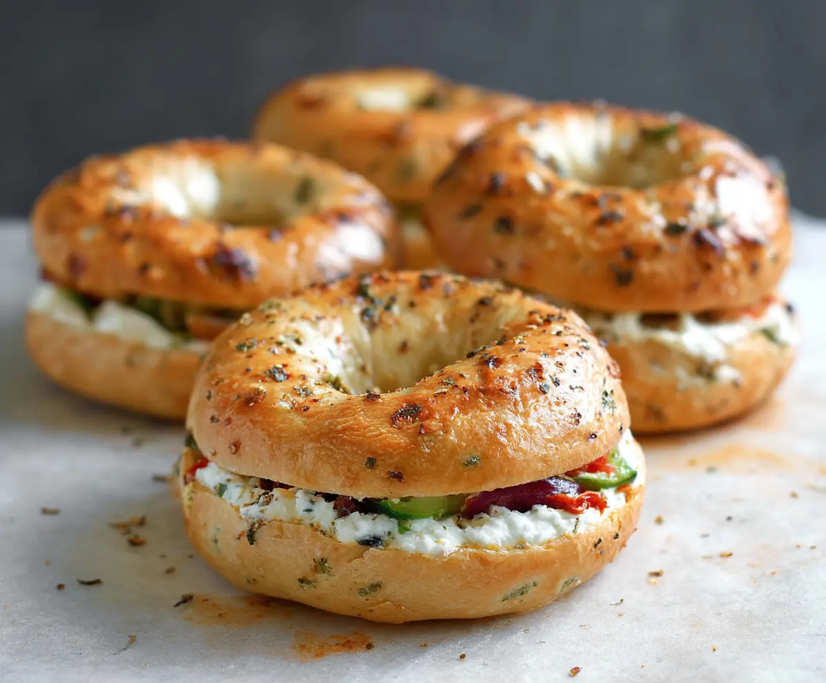 Close-up of cottage cheese and fresh veggie bagels topped with colorful vegetables.
