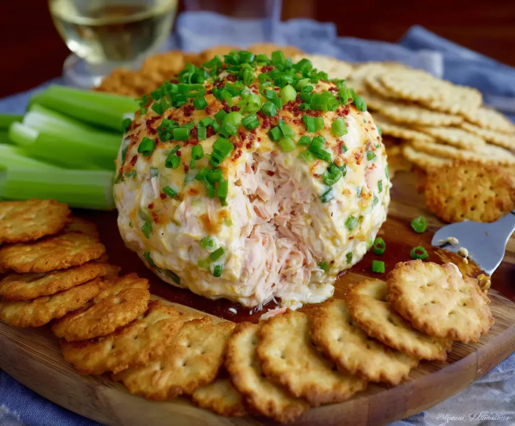 Crab Dip Cheese Ball appetizer on a serving platter, garnished with herbs and lemon wedges