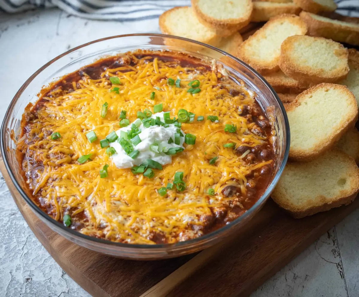 Cream Cheese Chili Dip served in a bowl with tortilla chips for a spicy appetizer.