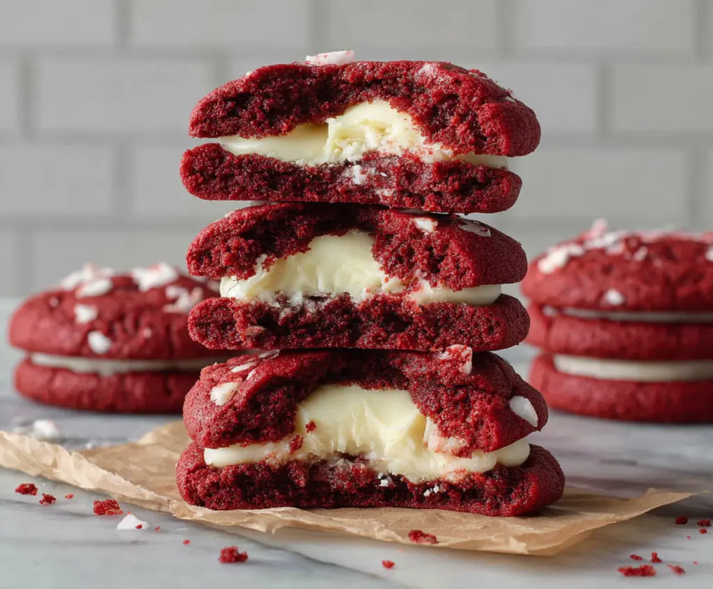 Delicious cream cheese filled Red Velvet Cookies on a plate, perfect for dessert lovers.