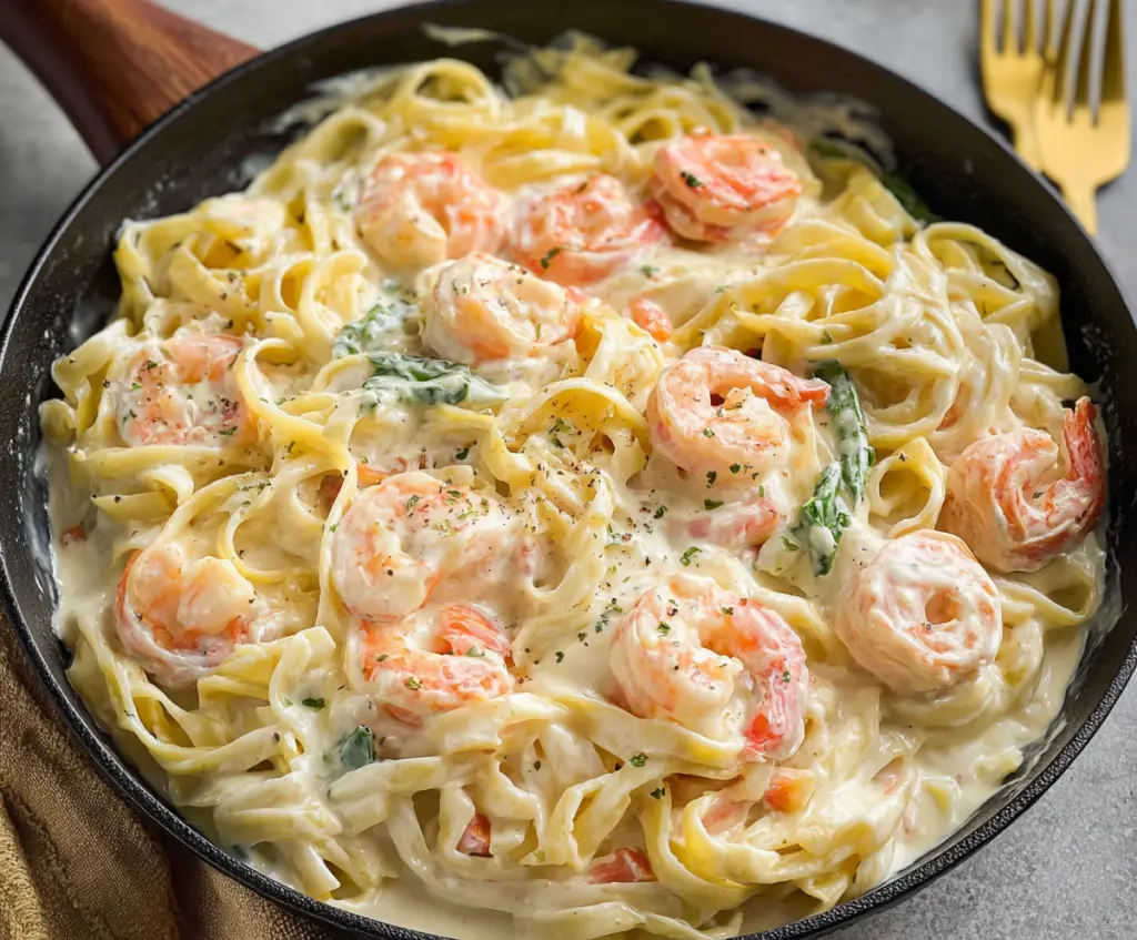 Creamy Alfredo shrimp pasta garnished with fresh parsley on a white plate