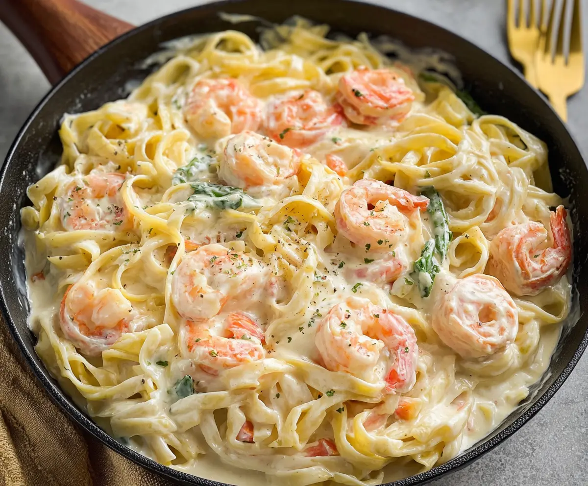Creamy Alfredo shrimp pasta garnished with fresh parsley on a white plate