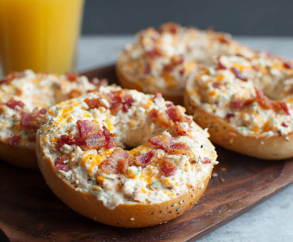Delicious creamy bacon cheddar bagels sliced open showcasing gooey cheese and crispy bacon bits.