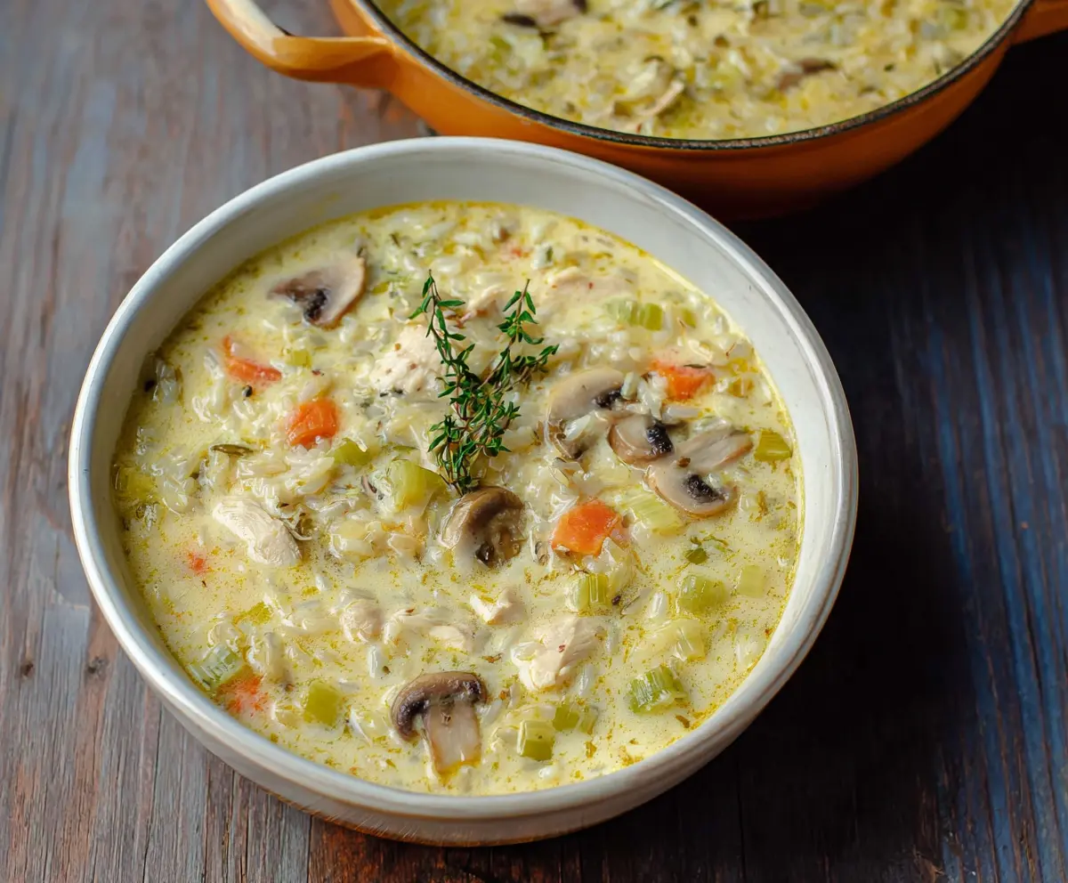 A bowl of creamy leek, chicken, and rice soup garnished with fresh herbs.