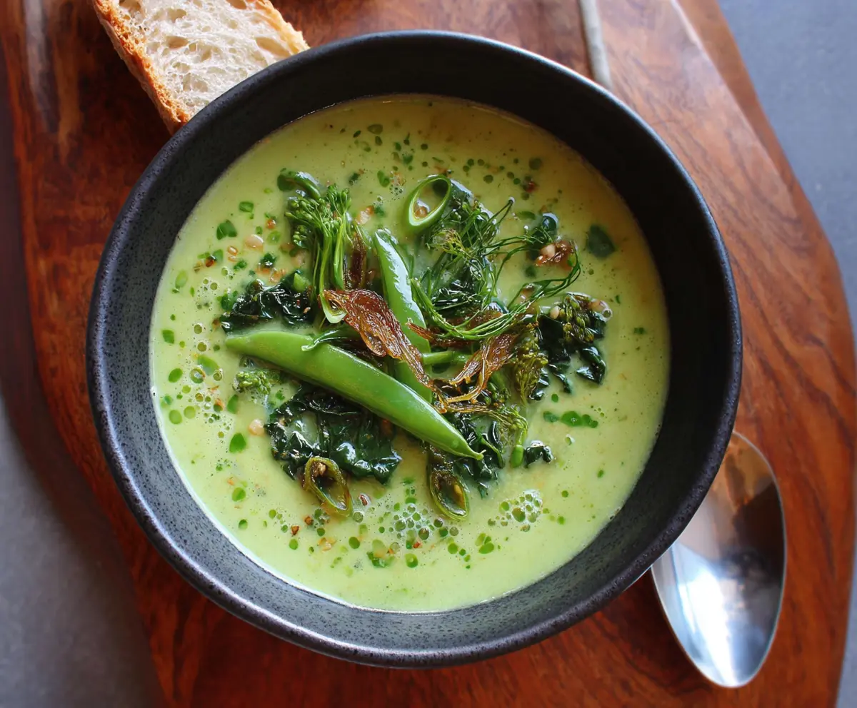 Delicious creamy spring greens soup served in a bowl with fresh herbs and vegetables.