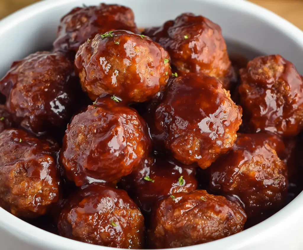 Delicious Crock Pot BBQ Meatballs served in a bowl, perfect for dinner or parties.