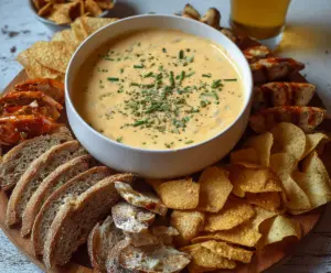 Creamy crock pot beer cheese dip served with pretzels and crackers for a delicious appetizer.