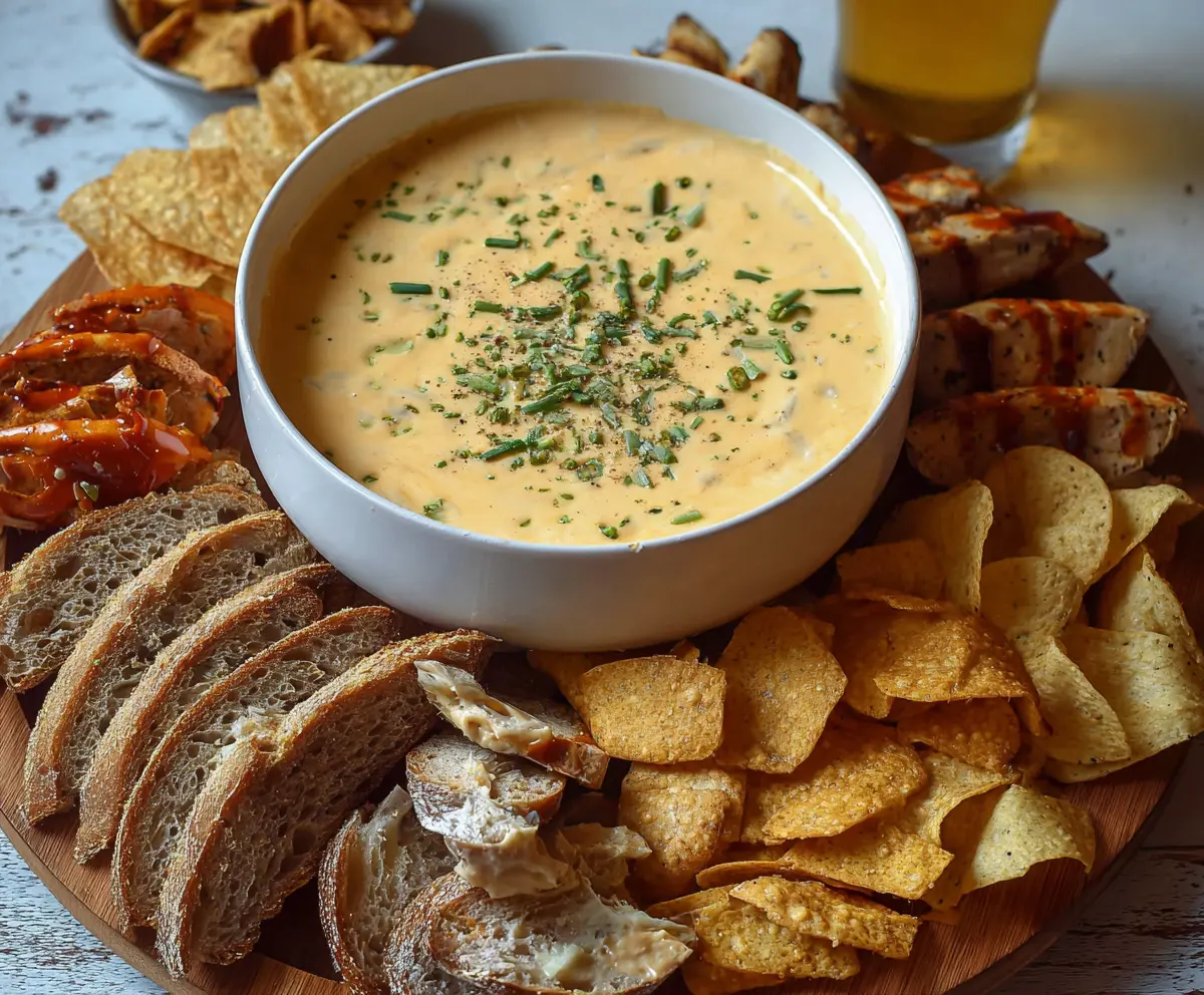Creamy crock pot beer cheese dip served with pretzels and crackers for a delicious appetizer.
