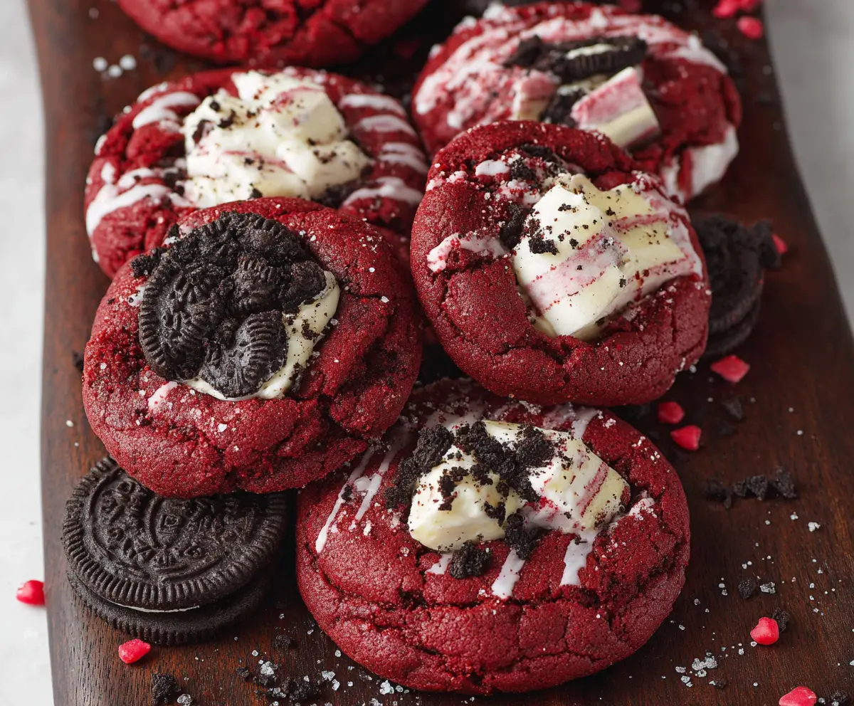Delicious Crushed Oreo Red Velvet Cookies on a plate with vibrant red and creamy texture.