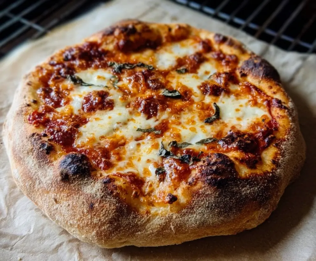 Golden crust sourdough pizza topped with fresh ingredients and melted cheese.
