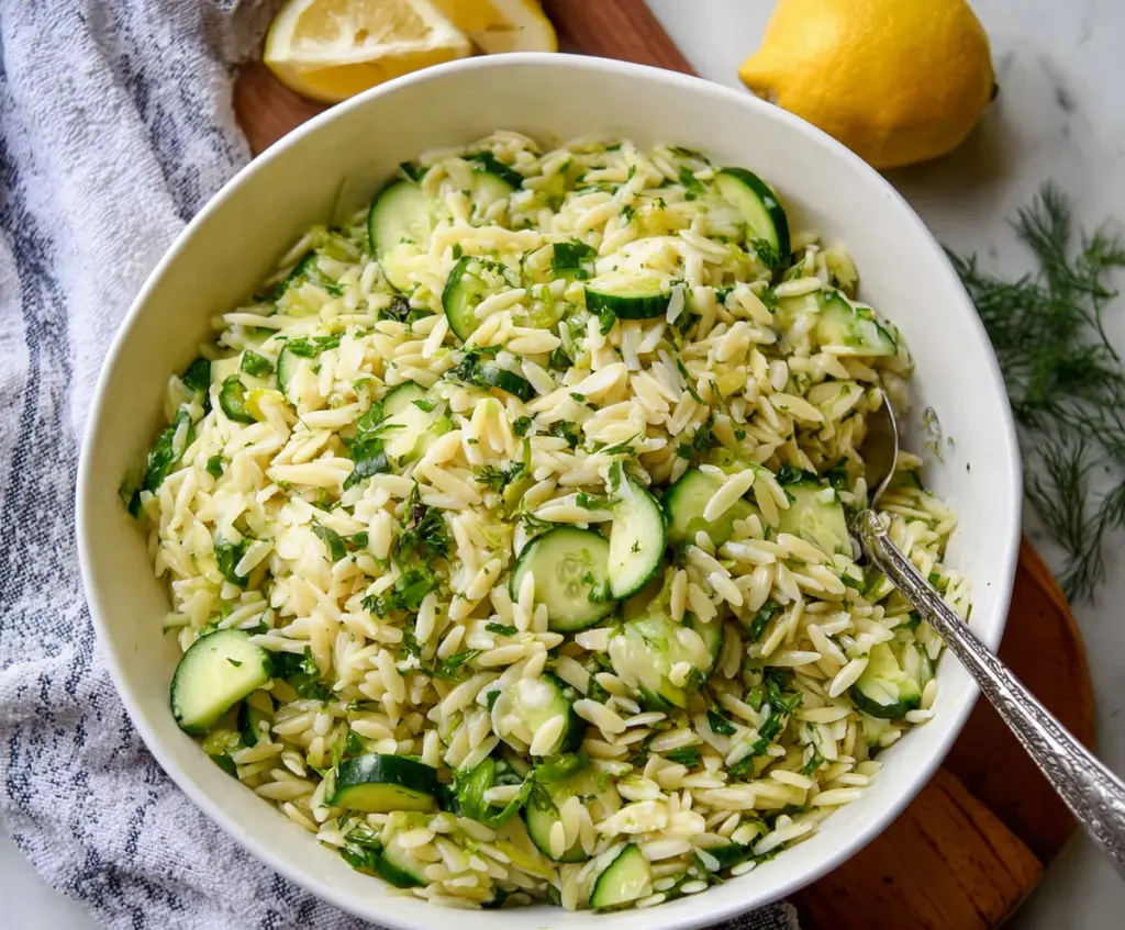 Fresh cucumber and lemon orzo salad in a bowl, perfect for a healthy summer meal