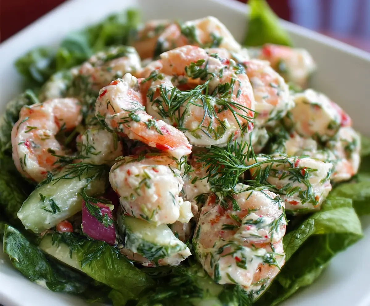Fresh dill shrimp salad with vibrant greens and cherry tomatoes, perfect for a light summer meal