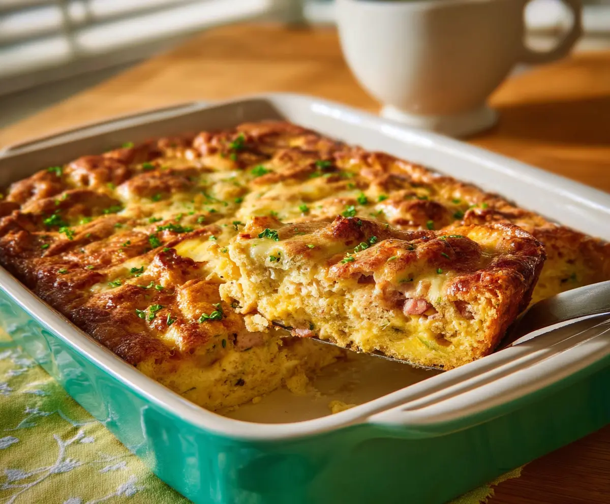 Delicious Easter Breakfast Casserole with eggs, cheese, and breakfast meats in a baking dish.