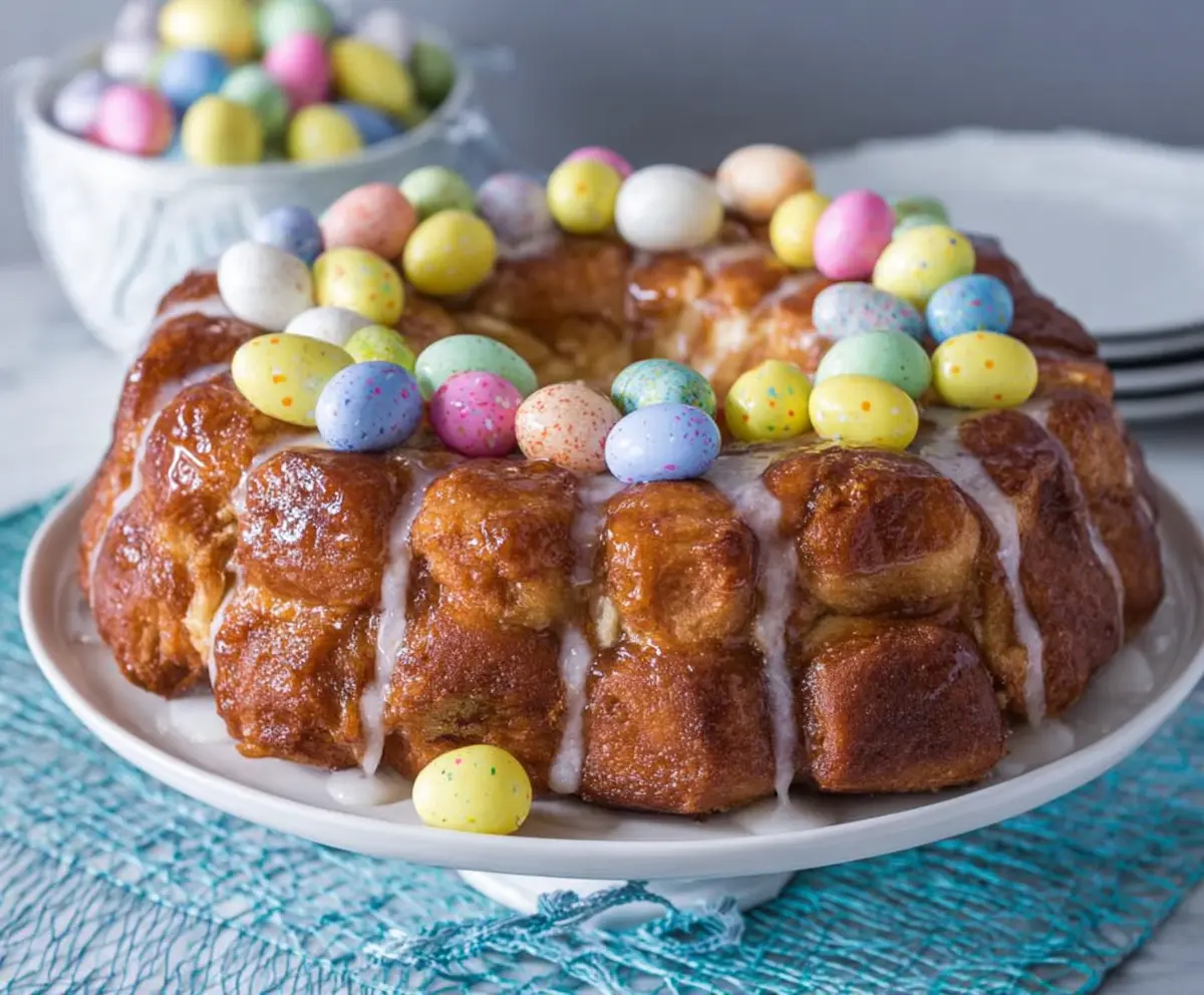 Delicious Easter Brunch Monkey Bread with sweet glaze and cinnamon swirls on a festive table.