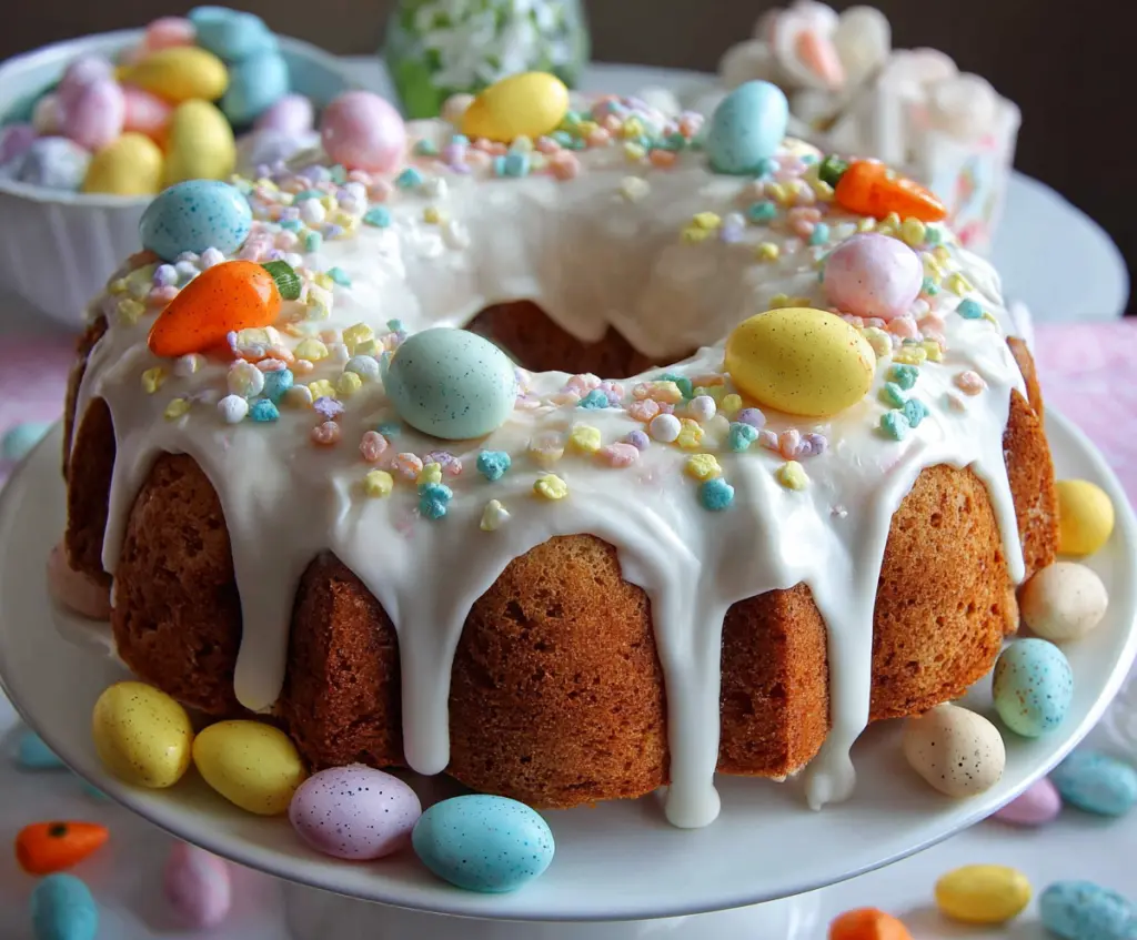 Delicious Easter Bundt Cake decorated with colorful icing and sprinkles for celebration.