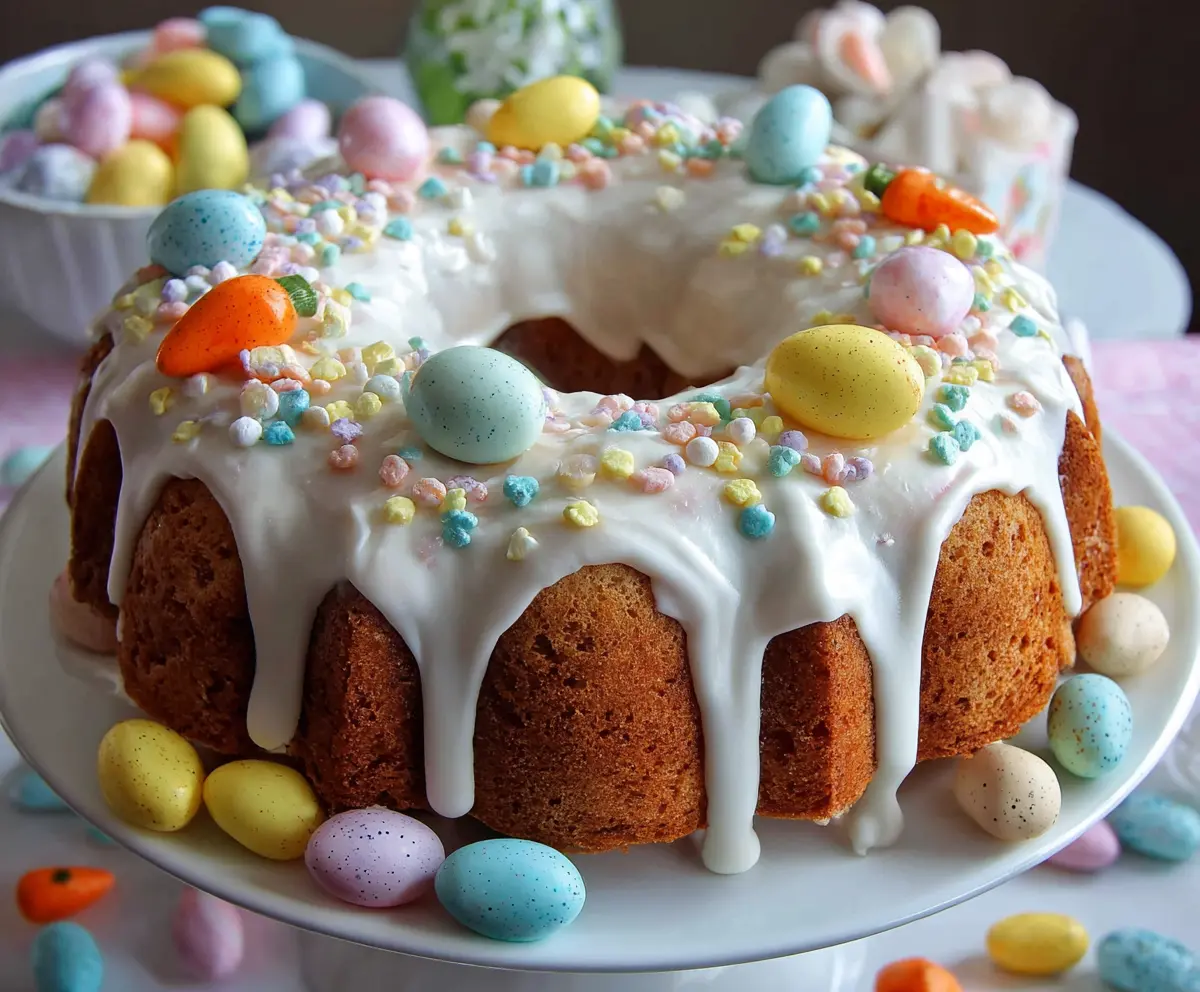 Delicious Easter Bundt Cake decorated with colorful icing and sprinkles for celebration.