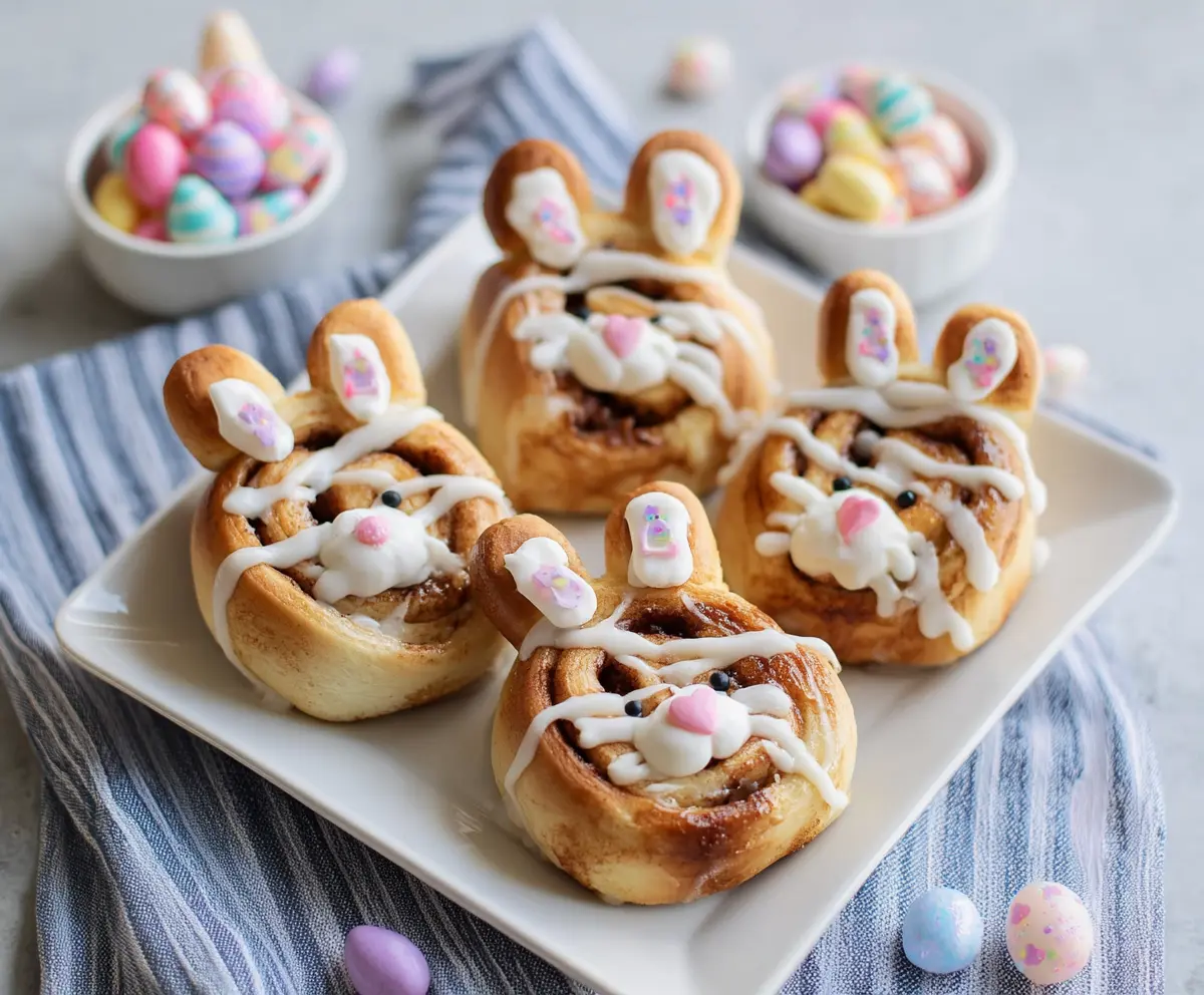 Delicious Easter Bunny cinnamon rolls with sweet glaze, perfect for spring celebrations.