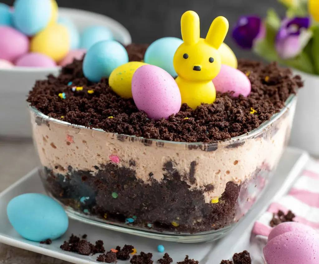 Delicious Easter Dirt Cake with chocolate crumbs and colorful toppings for festive celebrations.