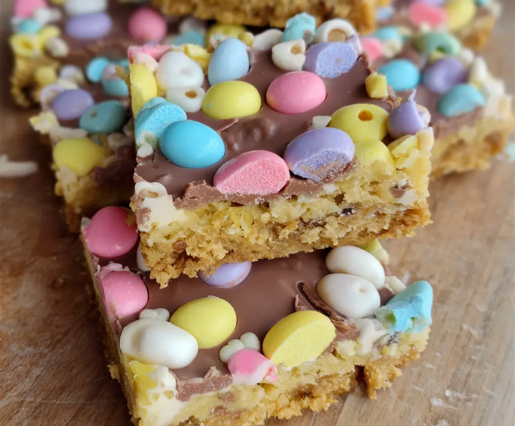 Delicious Easter Goody Bars with colorful candies and chocolate drizzle on a festive plate.