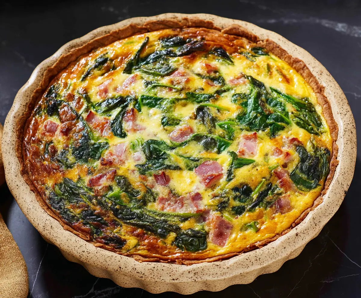 Delicious Easter ham and spinach quiche with a golden crust served on a white plate.