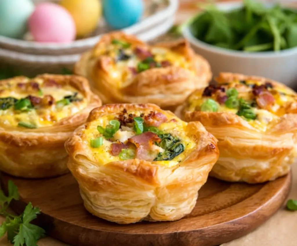 Easter Puff Pastry Quiche Cups with colorful vegetables and cheese, perfect for holiday brunch.