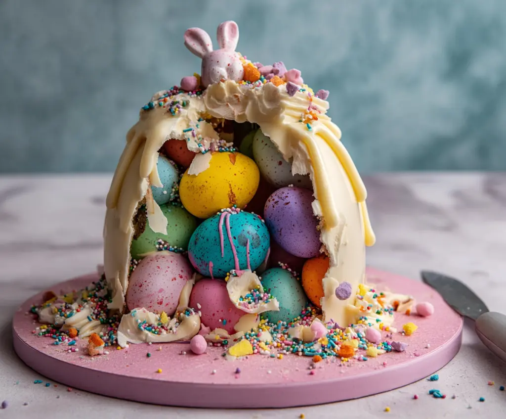 Delicious Epic Easter Egg Smash Cake with colorful decorations for a festive celebration