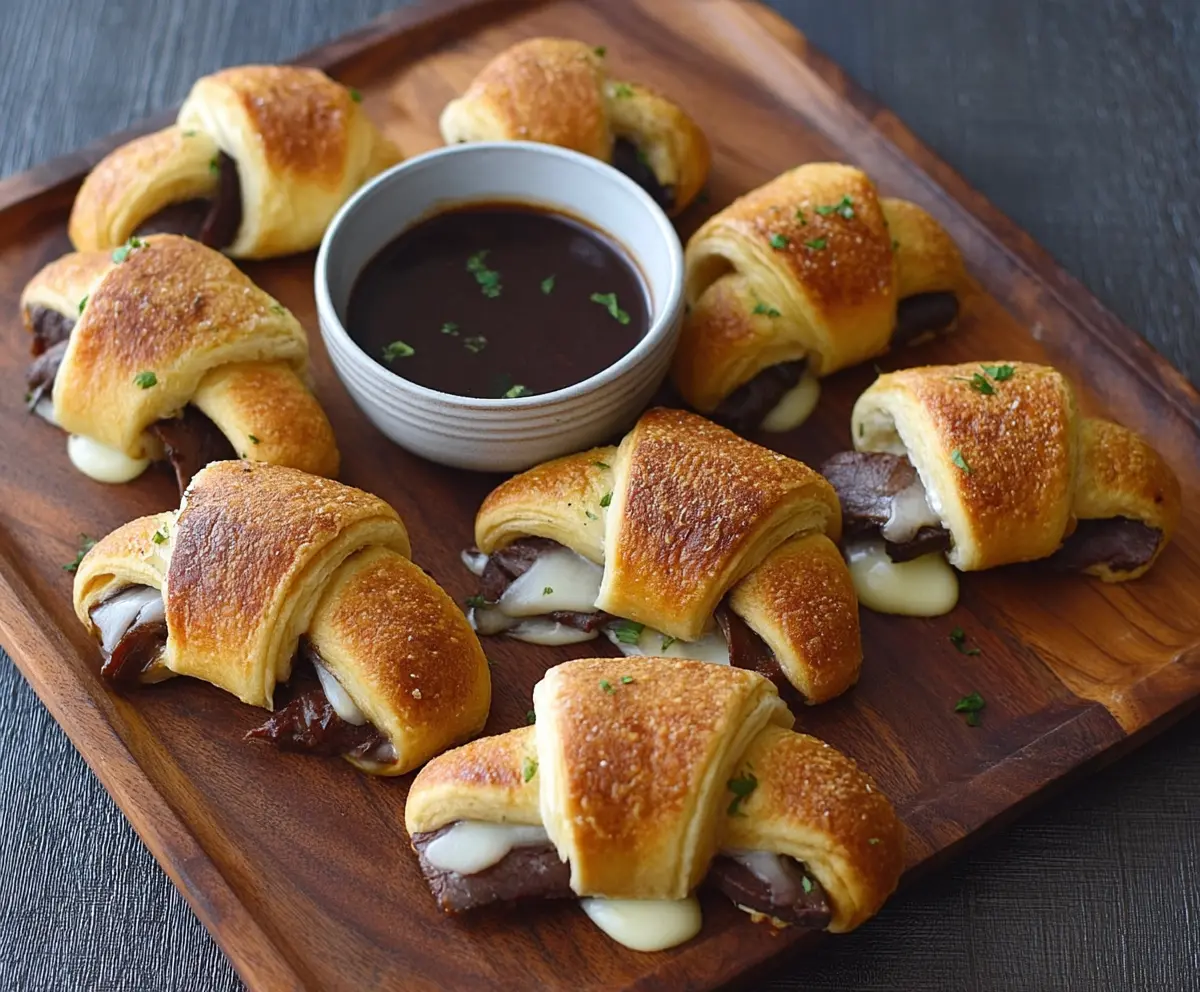 Delicious French Dip Crescents with melted cheese and tender roast beef wrapped in flaky crescent rolls.