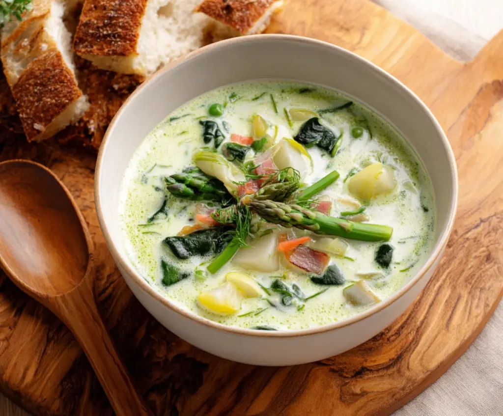 Delicious bowl of French Spring Soup with fresh vegetables and herbs.