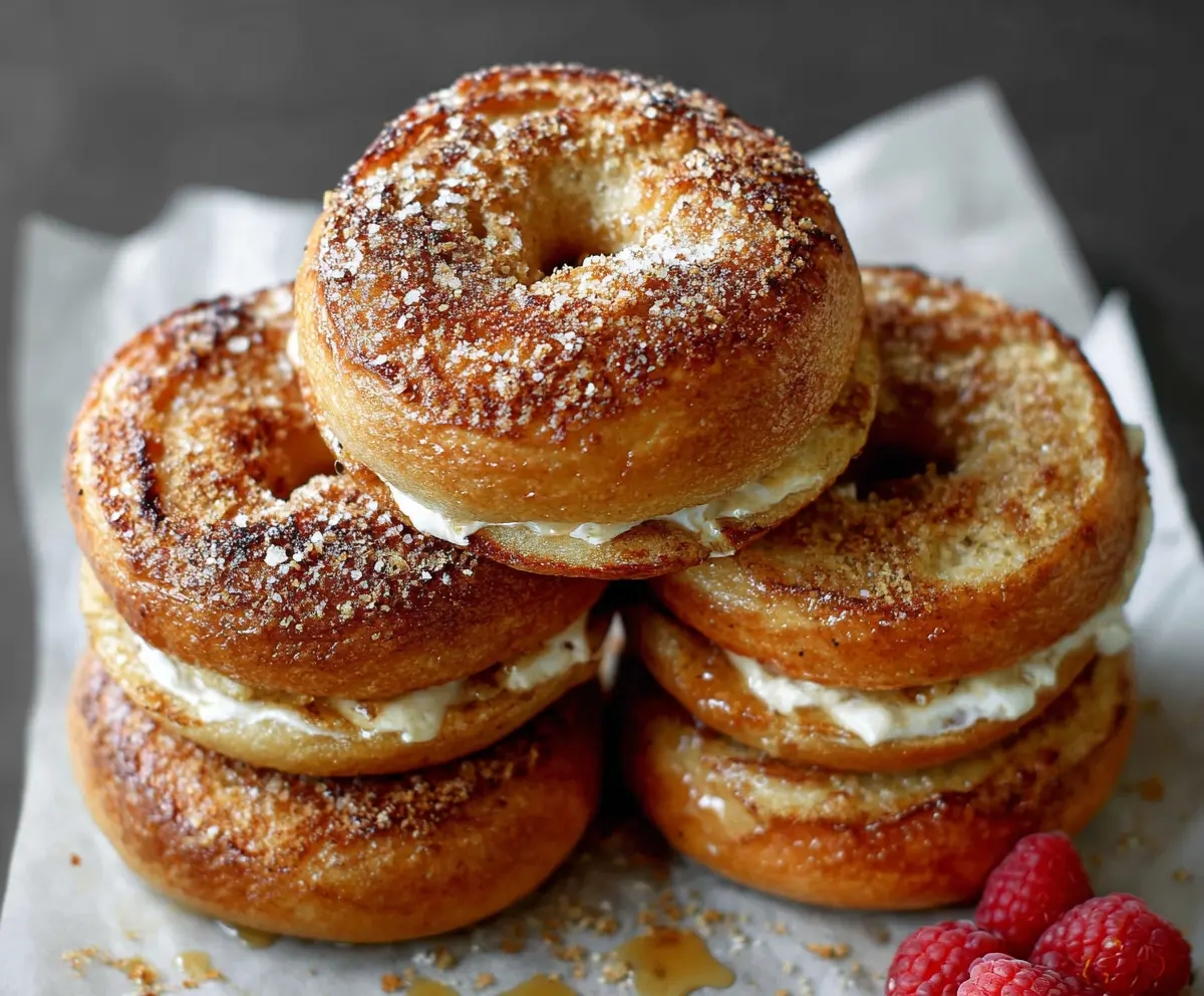Delicious French Toast Bagels topped with syrup and fresh fruit on a breakfast plate.