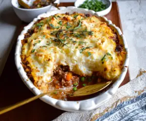 Delicious gluten-free shepherd's pie with seasoned meat and mashed potatoes in a baking dish