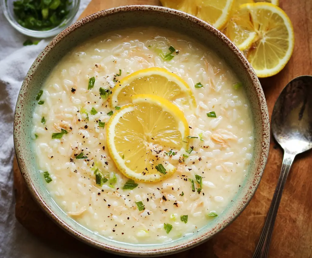 Creamy Greek Lemon Rice Soup in a bowl with fresh herbs and lemon slices.
