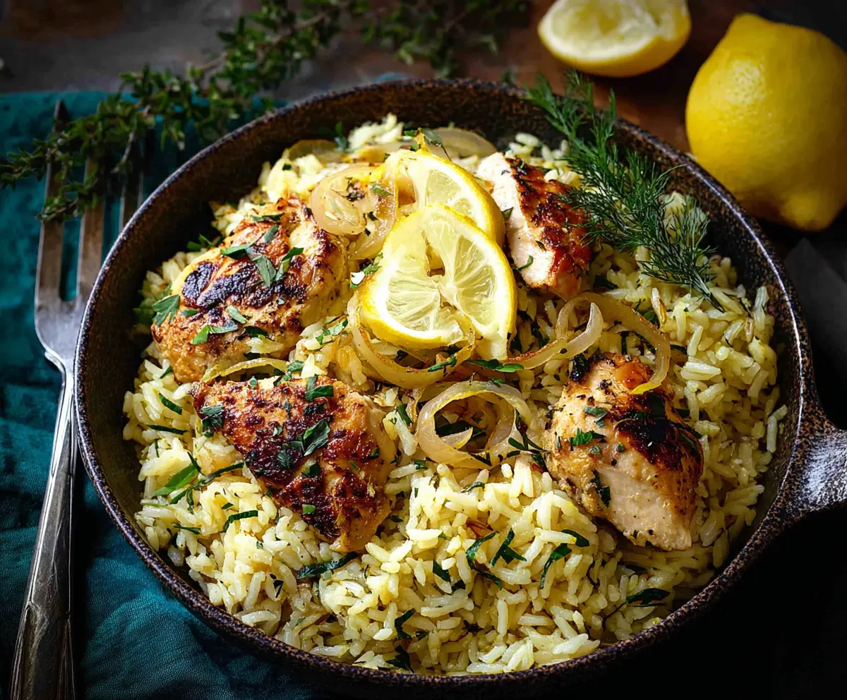Delicious Greek lemon rice with tender chicken pieces on a serving plate