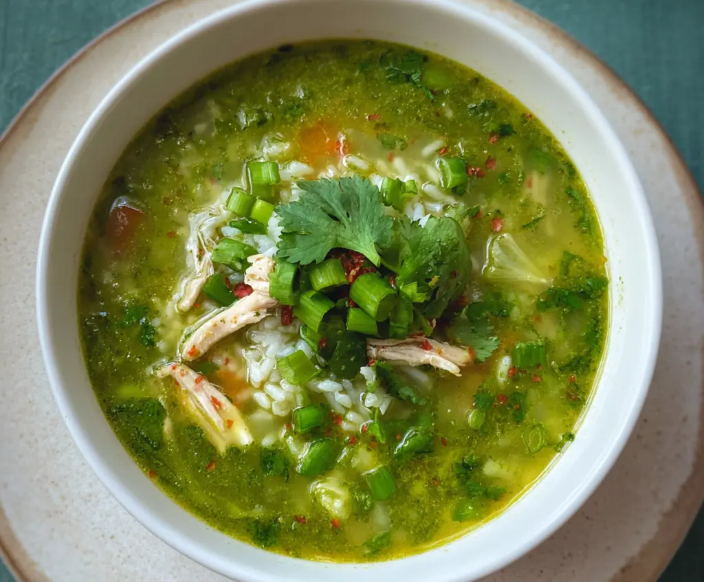 Delicious Green Garlic and Ginger Chicken and Rice Soup served in a bowl with fresh herbs