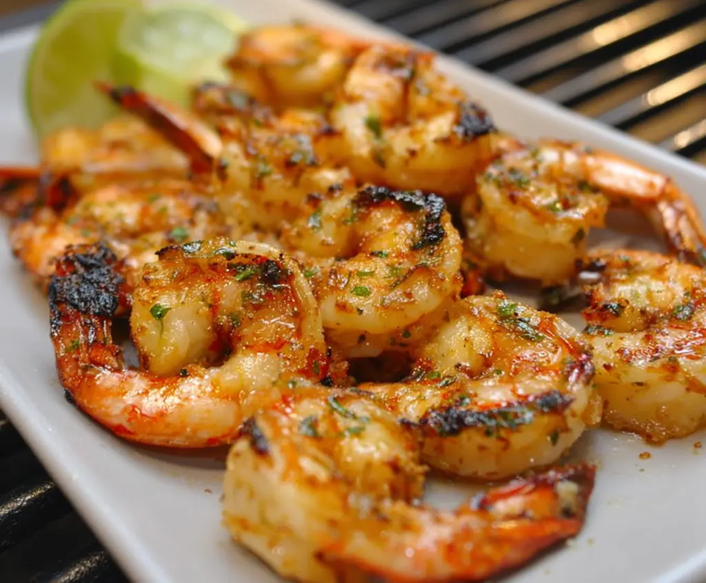 Juicy grilled garlic lime shrimp served on a plate, perfect for a summer barbecue.