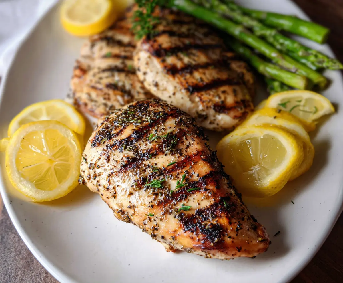 Juicy grilled lemon pepper chicken served with fresh herbs on a rustic plate