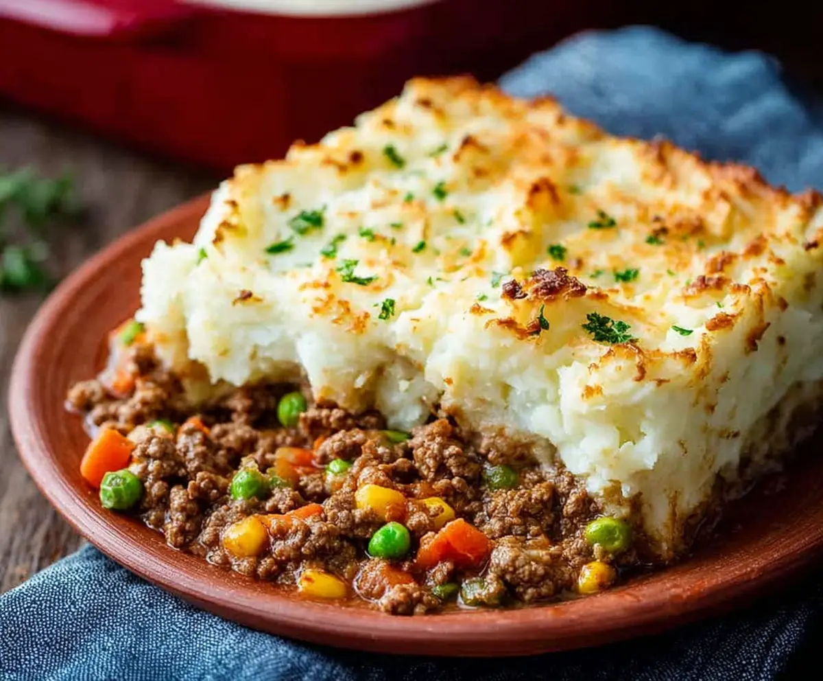 Delicious Ground Beef Shepherd's Pie topped with golden mashed potatoes and fresh herbs.