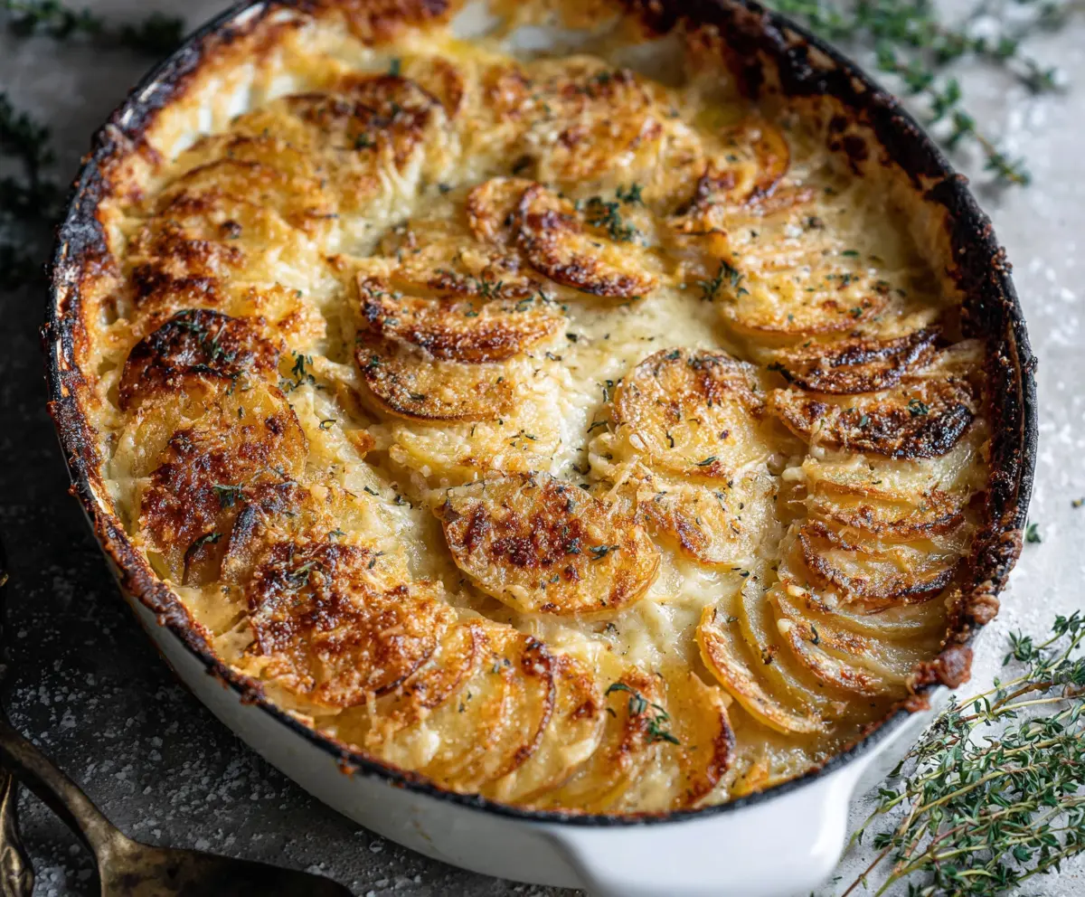 Delicious Gruyere Potato Gratin featuring layered potatoes baked with melted cheese and crispy golden top.