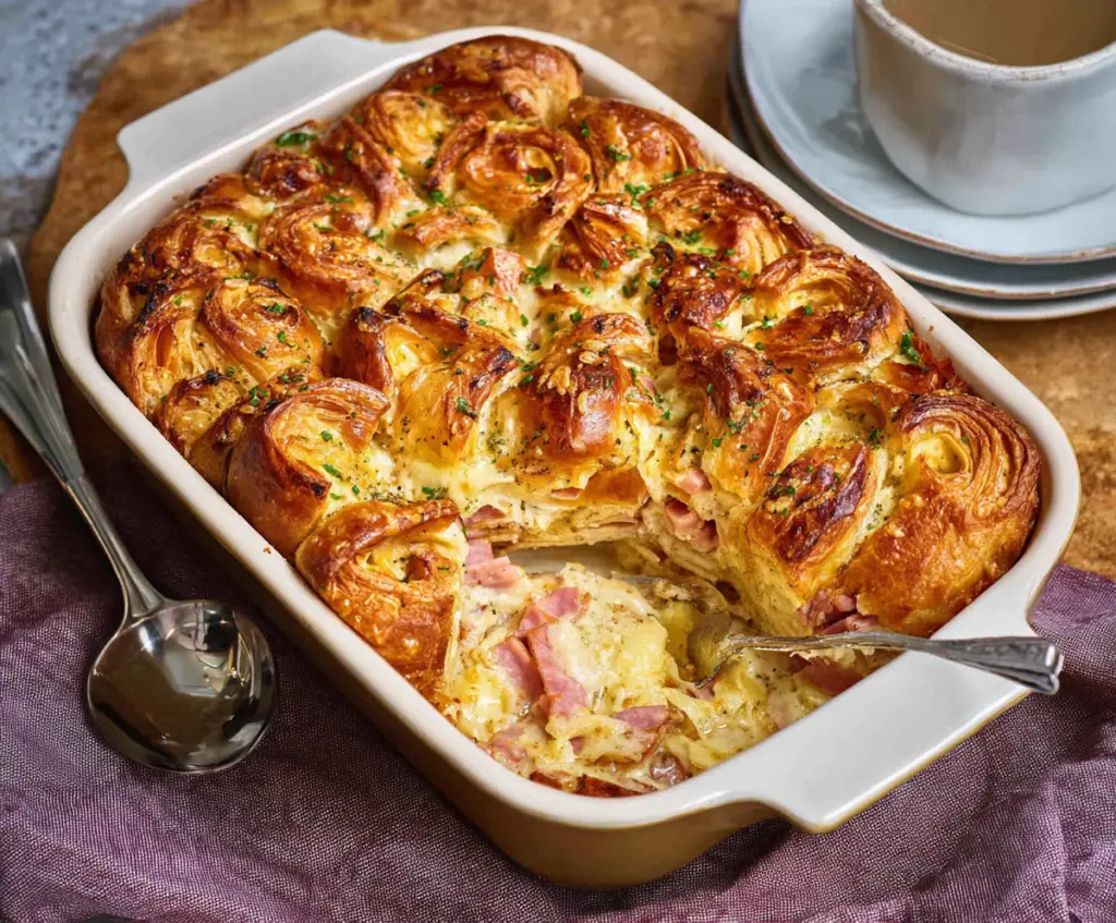 Delicious ham and cheese croissant brunch bake fresh out of the oven, perfect for breakfast or brunch gatherings.
