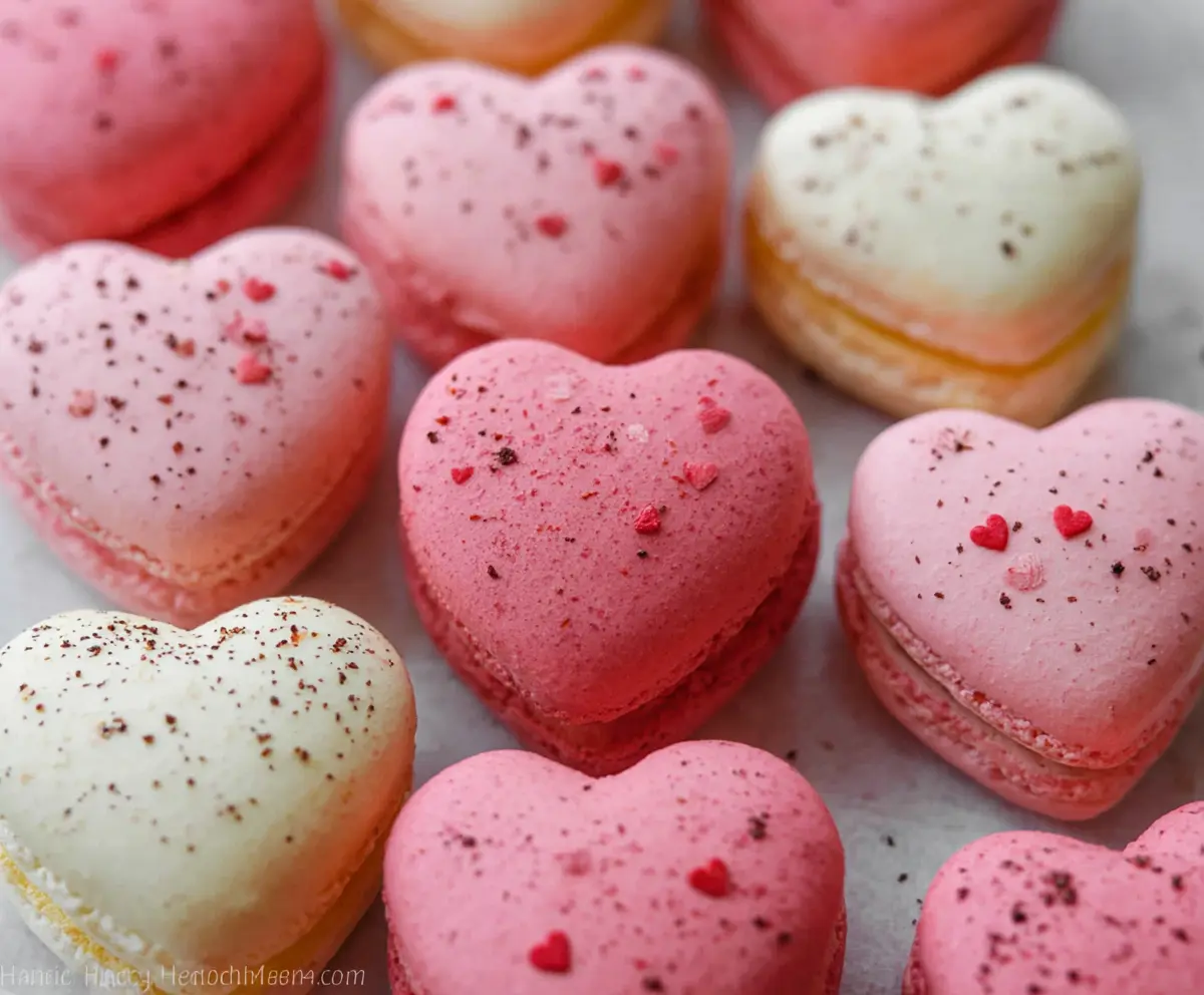 Delicious heart-shaped macarons with vibrant pink filling on a white background
