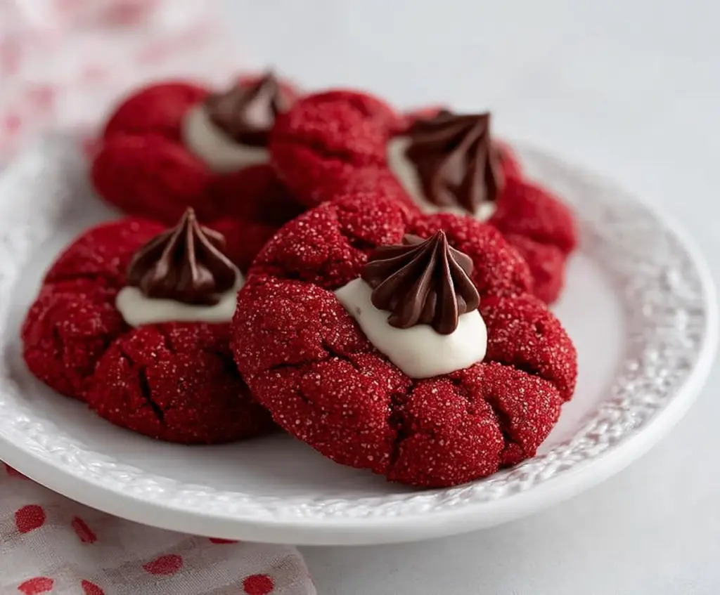 Delicious Hershey's Red Velvet Blossoms Cookies with rich chocolate and vibrant red velvet flavor.