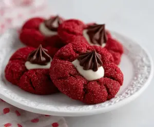 Delicious Hershey's Red Velvet Blossoms Cookies with rich chocolate and vibrant red velvet flavor.
