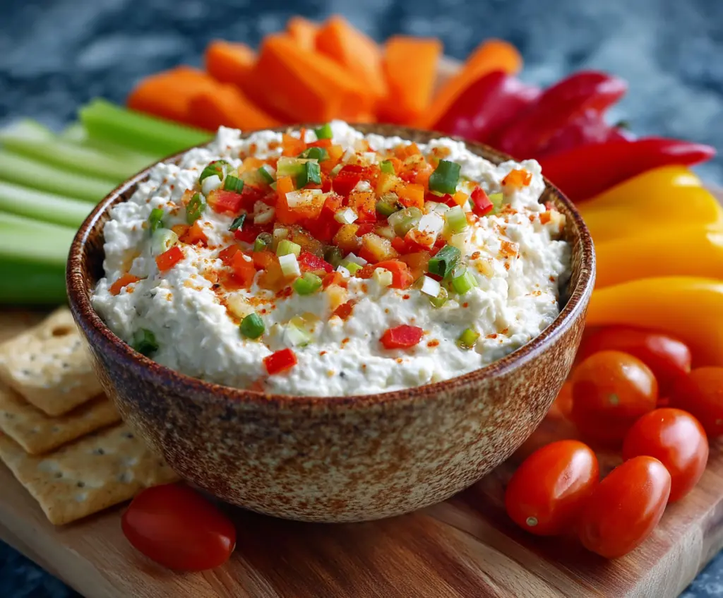 Delicious high protein cottage cheese giardiniera dip served with fresh vegetables and crackers.