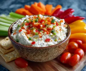 Delicious high protein cottage cheese giardiniera dip served with fresh vegetables and crackers.
