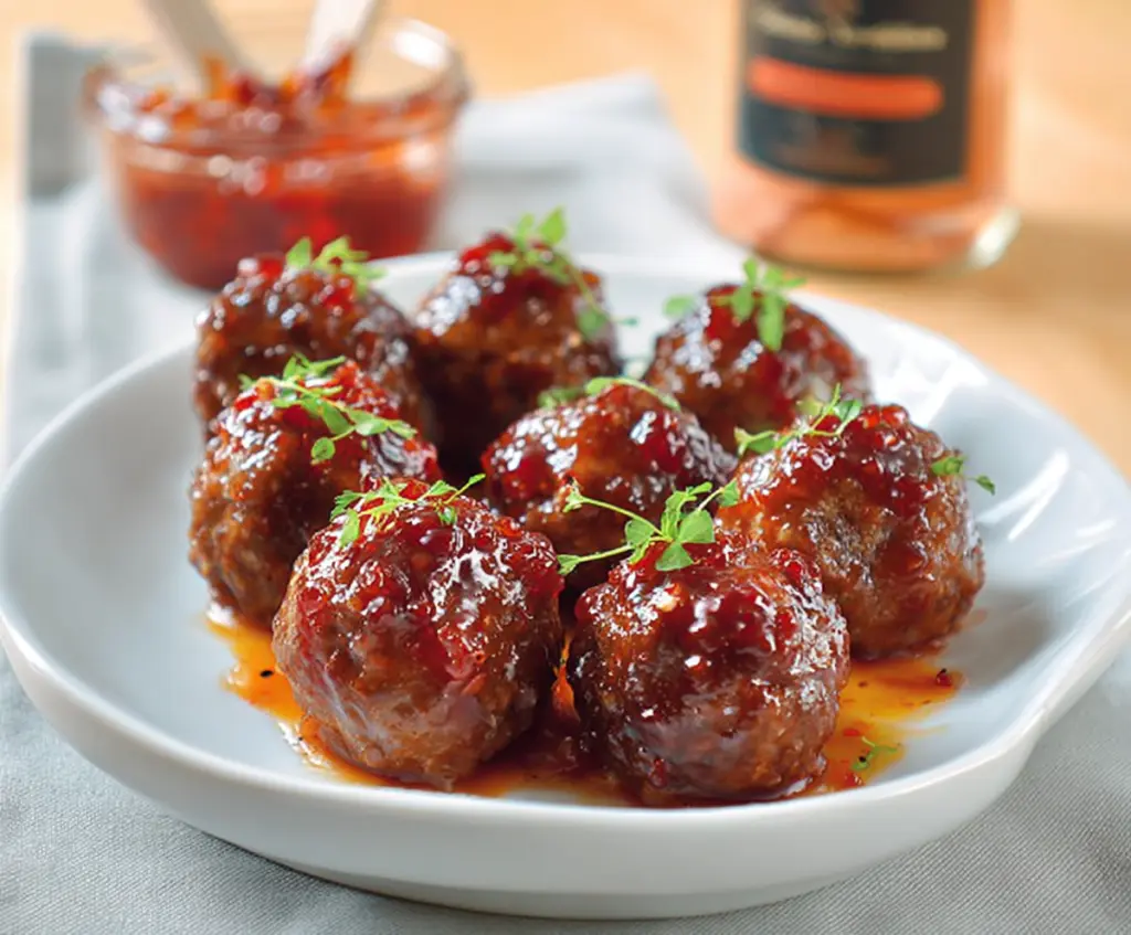 Delicious hot pepper jelly glazed meatballs served on a plate, perfect for appetizers or snacks.