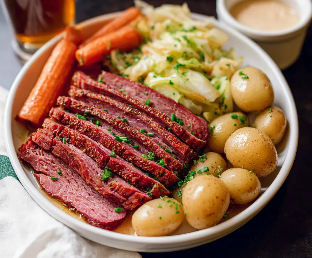Delicious homemade Instant Pot corned beef and cabbage served with fresh vegetables