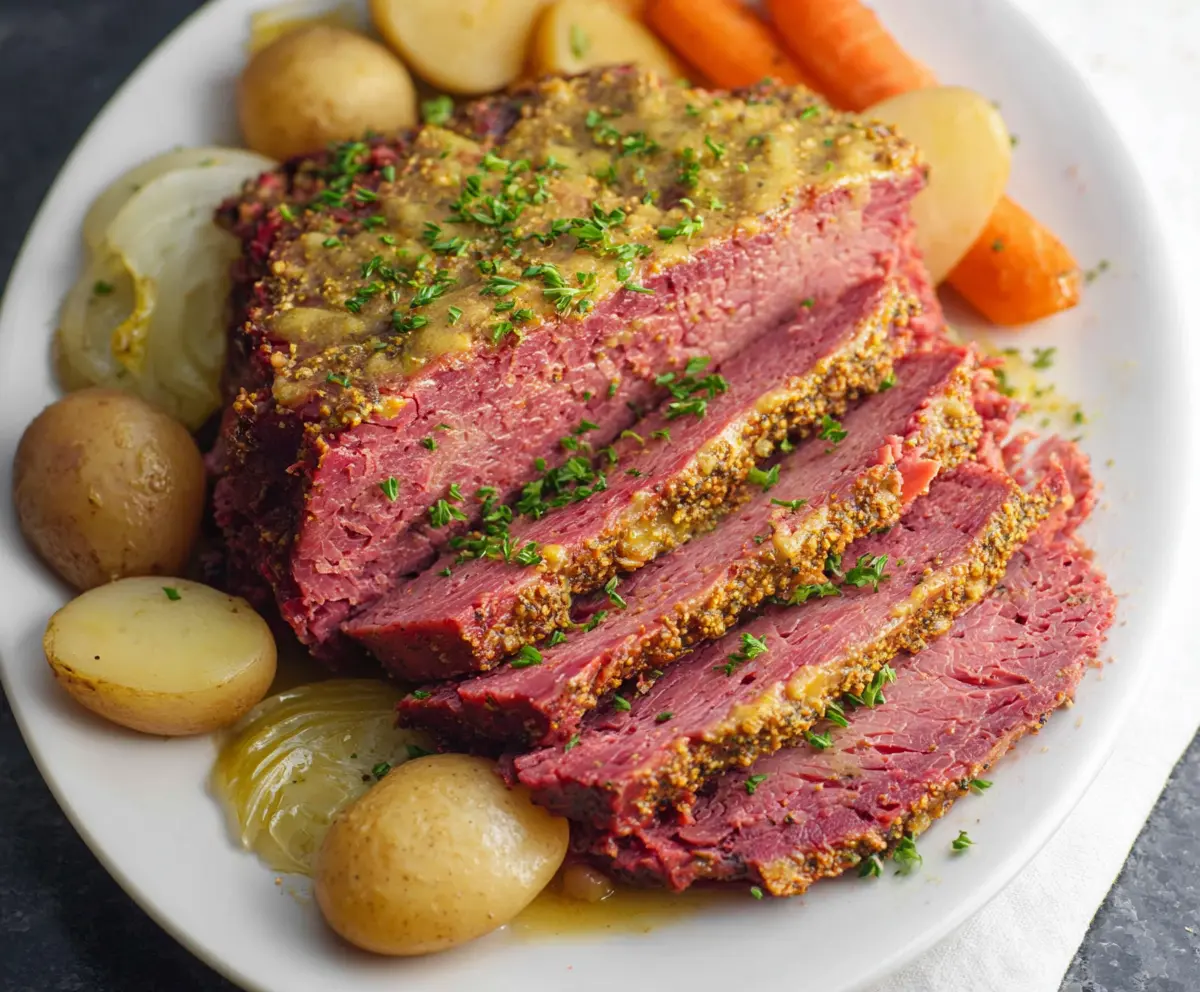 Delicious Instant Pot Corned Beef with a sweet and tangy mustard glaze, perfect for a hearty meal.