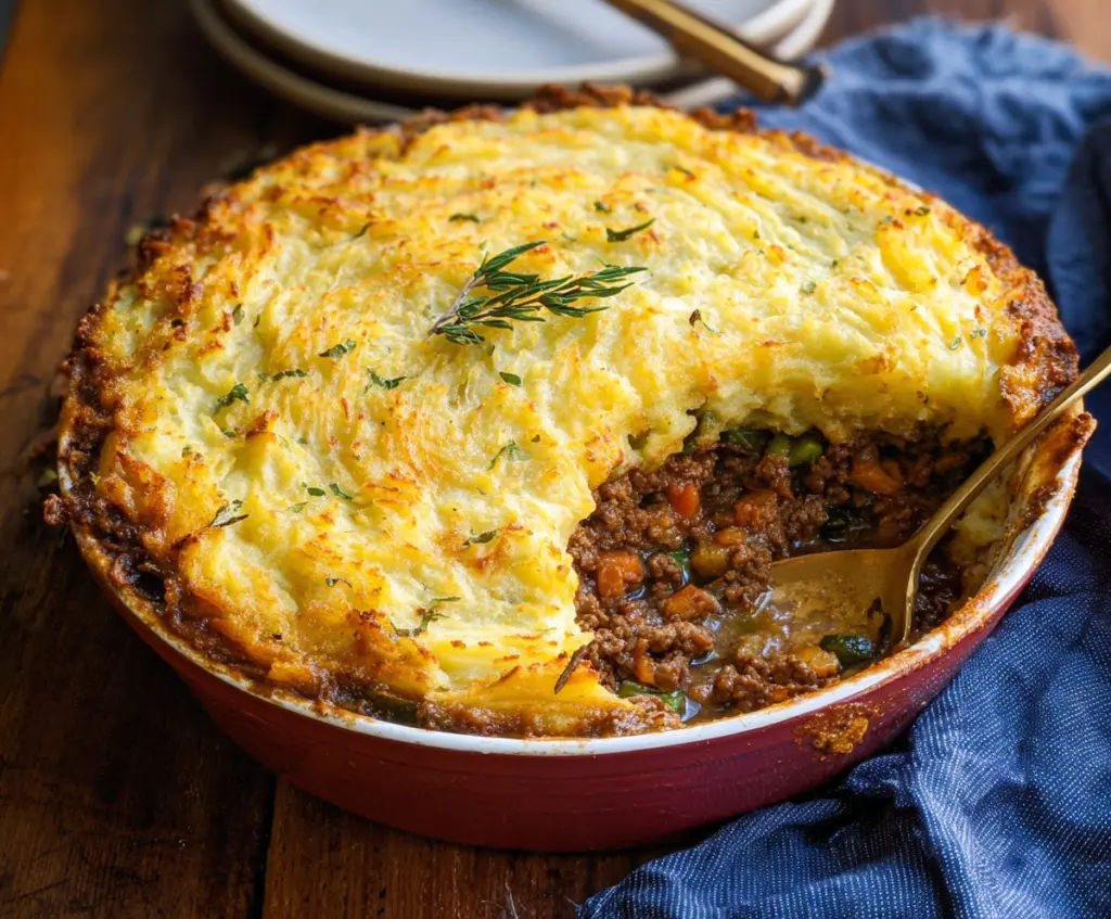Delicious Irish Cottage Pie with mashed potatoes and savory meat filling served on a rustic plate.